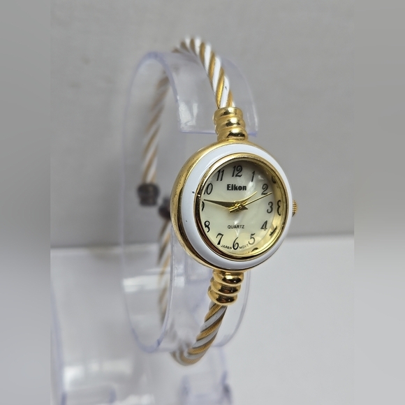 Womens Eikon CB-01 White Enamel Gold Tone Wire Cuff Watch New Battery Bangle - Picture 3 of 10